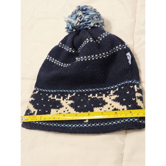 Vtg 70's CB Sports Reindeer Knit Wool Winter Gear Hat Ski Beanie Blue Pom Pom L - Picture 6 of 8